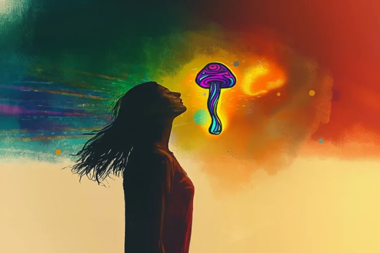 Girl looking at psychedelic mushroom