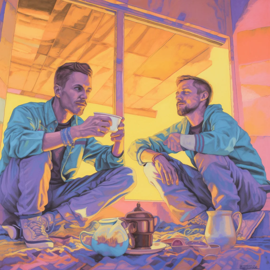 A light and hopeful illustration of two male friends